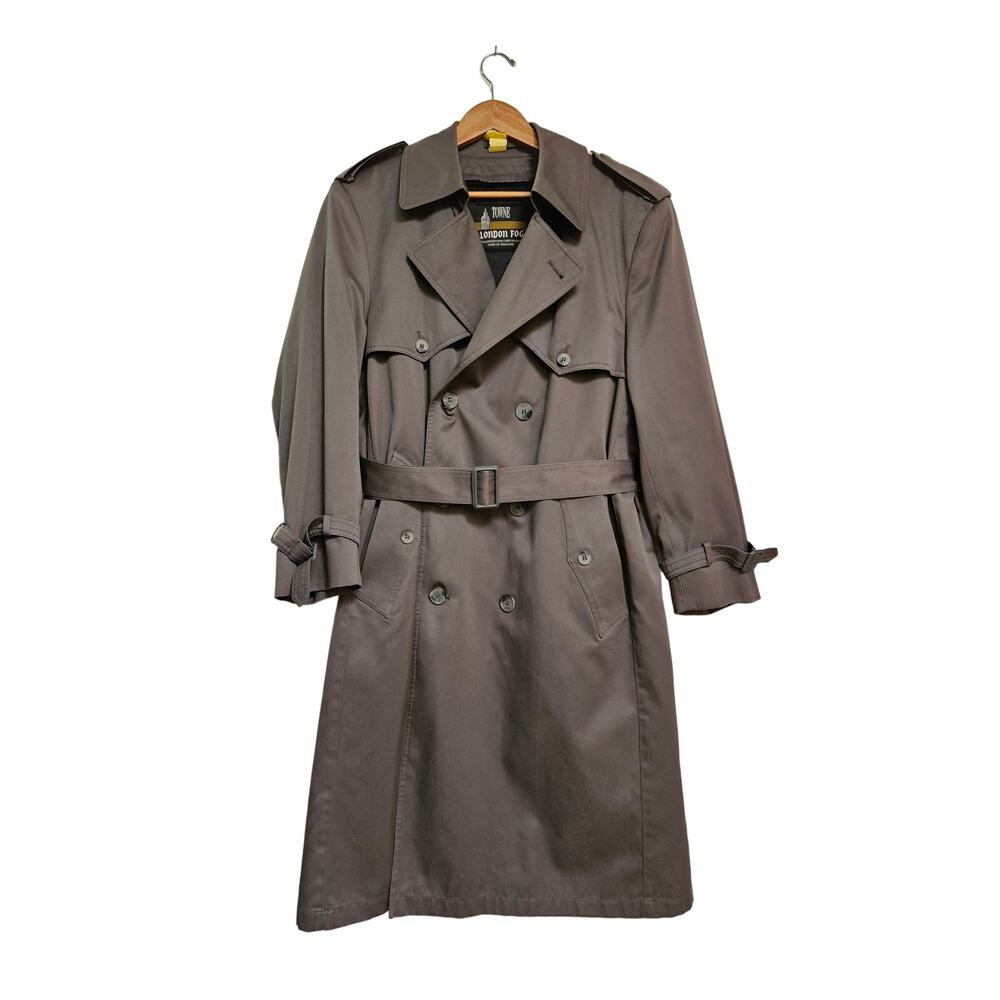 Towne by London Fog Men's Gray Double Breasted Trench Coat Size 40 SHT Zip Liner